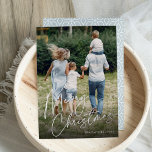 Autograph | Merry Christmas Vertical Photo Foil Holiday Card<br><div class="desc">Send holiday greetings to friends and family in chic style with our elegant photo cards. Design features your favorite vertical or portrait oriented photo with "Merry Christmas" overlaid in shining gold foil hand lettered script. Personalize with your family name and the year in the lower right corner.</div>