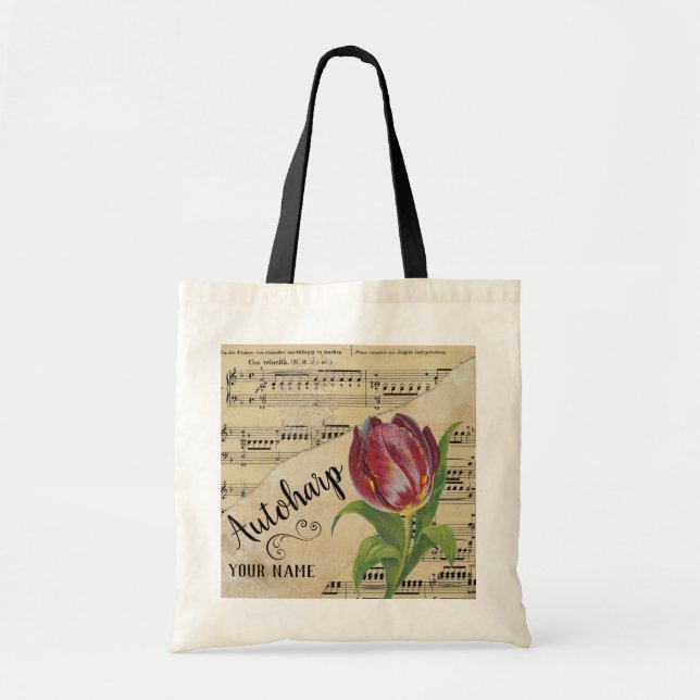 Autoharp Tulip Vintage Sheet Music Customized Tote Bag (Front)