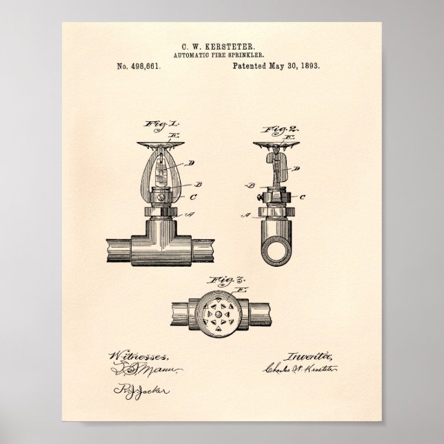 Automatic Fire Sprinkler 1893 Patent - Old Peper Poster (Front)