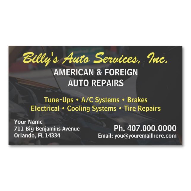 Automobile Car Repair Mechanic Template Business Card Magnet (Front)