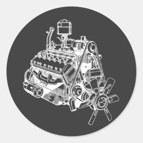 automobile car v 12 engine motor illustration art classic round sticker