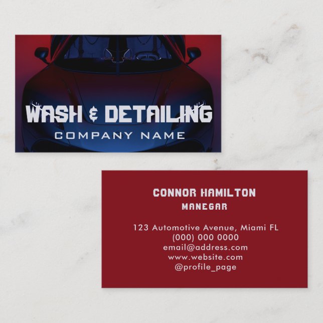 Automotive Car Wash & Auto Detailing Modern Red Business Card (Front/Back)