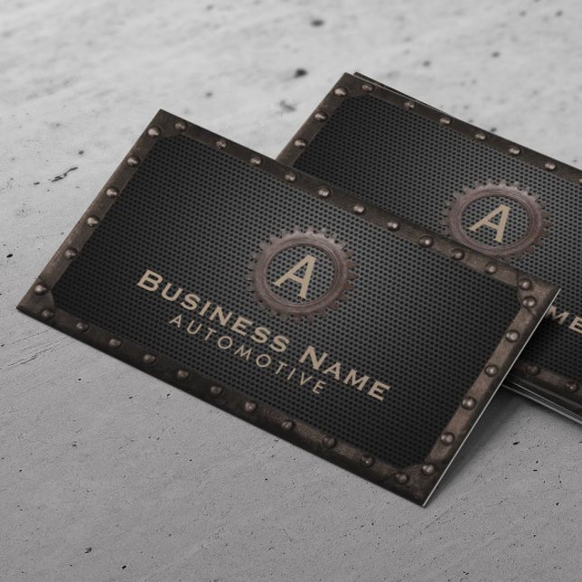 Automotive Gear Monogram Dark Metal Car Repair Business Card (Creator Uploaded)
