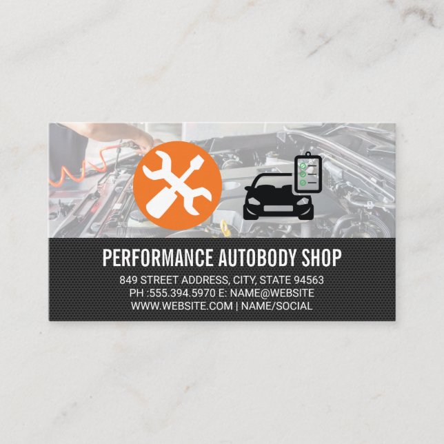 Automotive Icons | Mechanic Fixing Engine Business Card (Front)