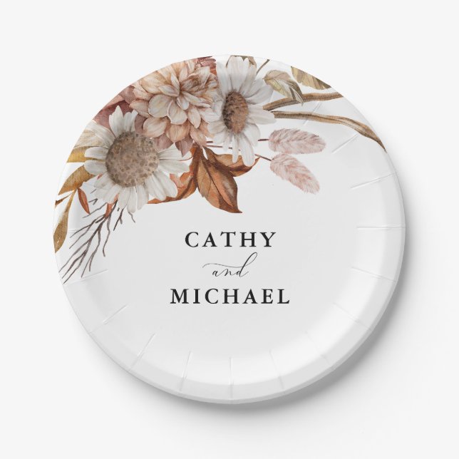 Autum Rustic Floral, Fall Wedding Dessert Paper Plates (Front)