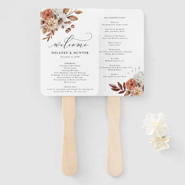 Autum Rustic Floral, Fall Wedding Program Hand Fan (Front and Back)