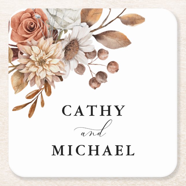 Autum Rustic Floral, Fall Wedding Square Paper Coaster (Front)