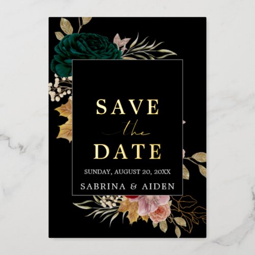 Autumanal Burgundy Emerald Black Save The Date Foil Invitation