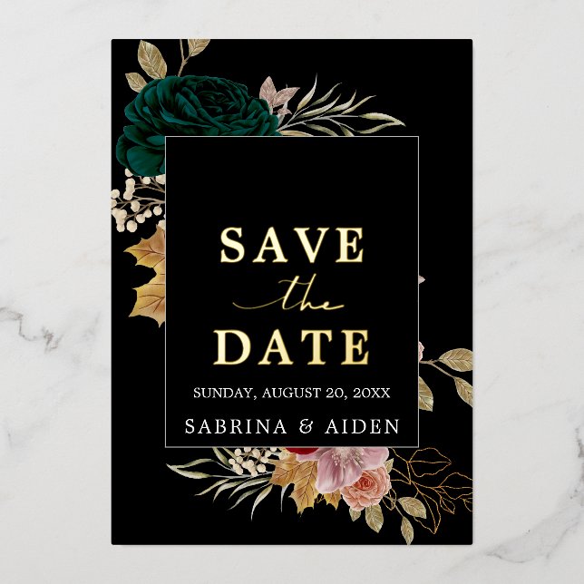 Autumanal Burgundy Emerald Black Save The Date Foil Invitation (Front)