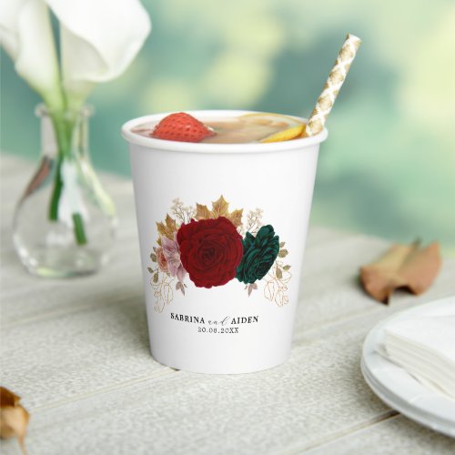 Autumanal Gold Burgundy Emerald Greeny Floral  Paper Cups