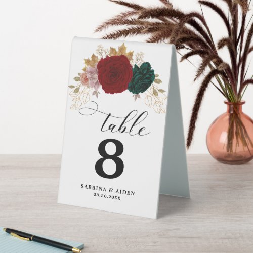 Autumanal Gold Burgundy Emerald Greeny Floral  Table Tent Sign
