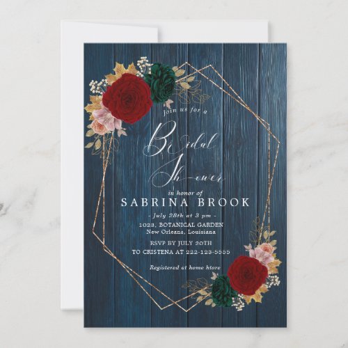 Autumanal Wooden  Burgundy Emerald Bridal Shower Invitation