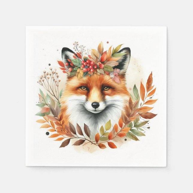 Autume Fall Themed Party  Cute Fox Flower Wreath Napkins (Front)