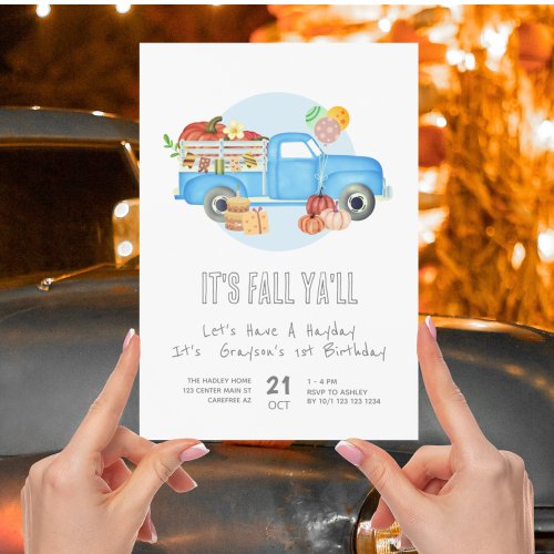 Autumn 1st Birthday Pumpkin Blue Truck Invitation