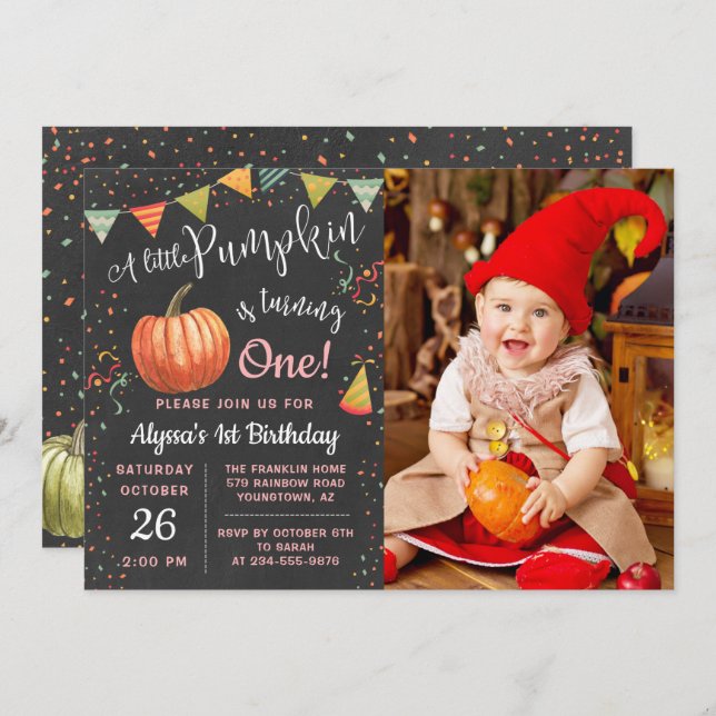 Autumn A Little Pumpkin Chalkboard Birthday Photo Invitation (Front/Back)