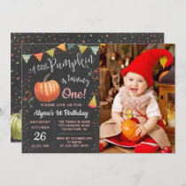 Autumn A Little Pumpkin Chalkboard Birthday Photo Invitation