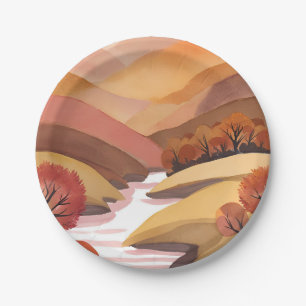 Autumn Abode Fall Foliage Watercolor Landscape Paper Plates