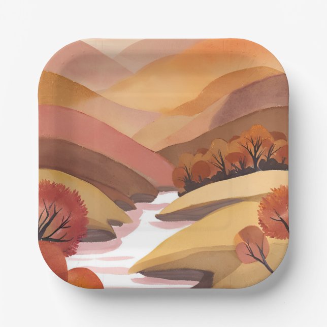 Autumn Abode | Fall Foliage Watercolor Landscape Paper Plates (Front)