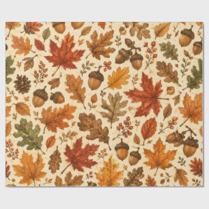 Autumn Acorn & Fall Leaves Seamless Pattern Wrapping Paper