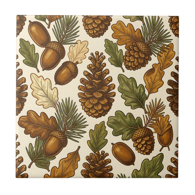 Autumn Acorn Pinecone Oak Leaf Pattern Ceramic Tile (Front)