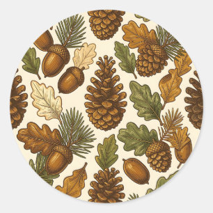 Autumn Acorn Pinecone Oak Leaf Pattern Classic Round Sticker