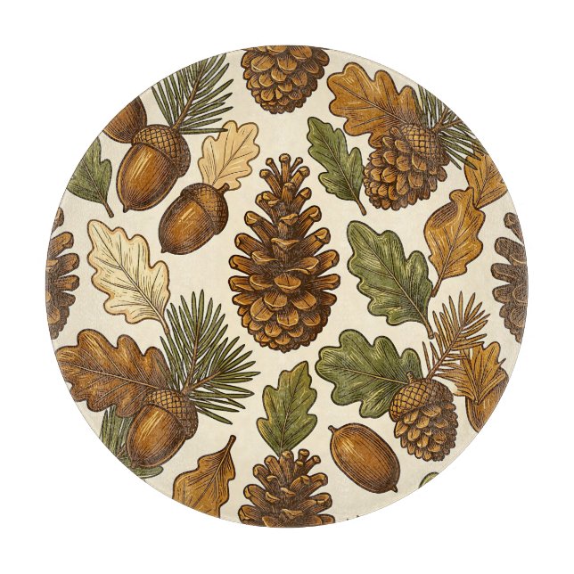 Autumn Acorn Pinecone Oak Leaf Pattern Cutting Board (Front)