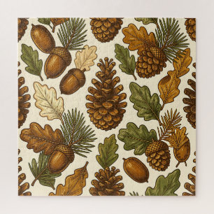 Autumn Acorn Pinecone Oak Leaf Pattern Jigsaw Puzzle