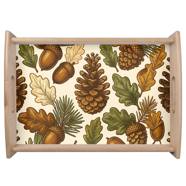 Autumn Acorn Pinecone Oak Leaf Pattern Serving Tray (Front)