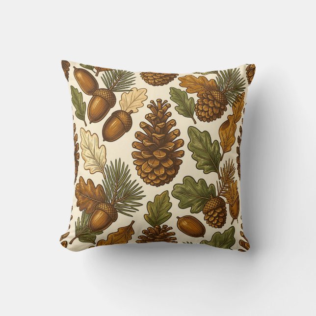 Autumn Acorn Pinecone Oak Leaf Pattern Throw Pillow (Front)