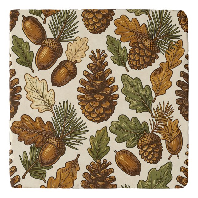 Autumn Acorn Pinecone Oak Leaf Pattern Trivet (Front)