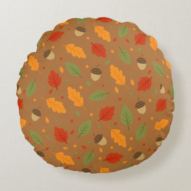 Autumn Acorns and Leaves Round Pillow (Front)