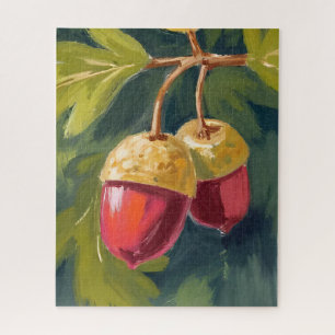Autumn Acorns Watercolor Fall Red Green Jigsaw Puzzle