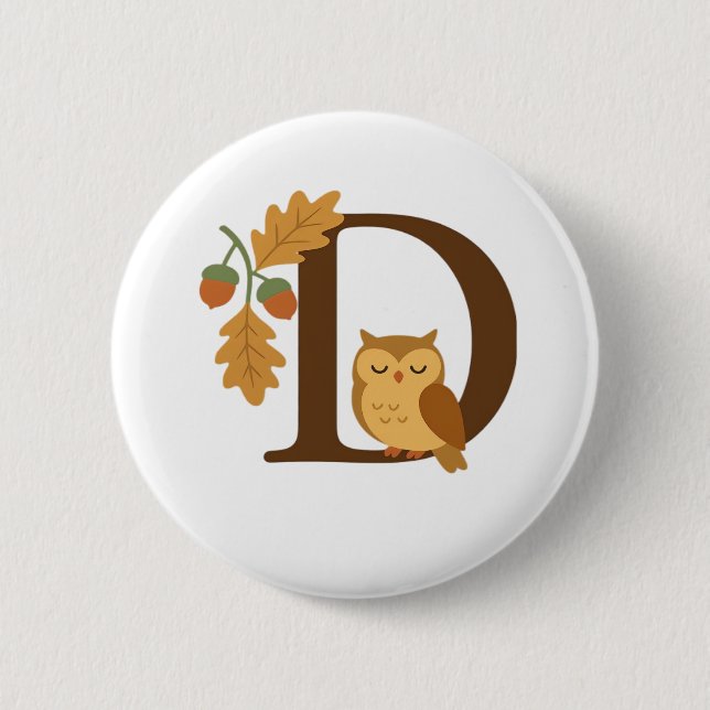 Autumn Alphabet Monogram Letter D – Owl with Oak L Button (Front)