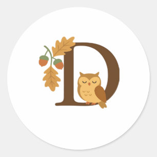 Autumn Alphabet Monogram Letter D � Owl with Oak L Classic Round Sticker