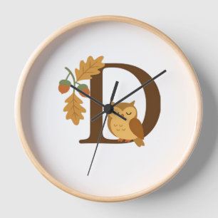 Autumn Alphabet Monogram Letter D – Owl with Oak L Clock