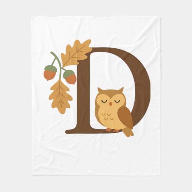Autumn Alphabet Monogram Letter D – Owl with Oak L Fleece Blanket (Front)