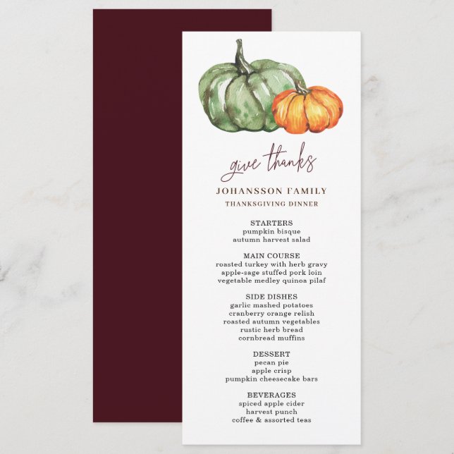 AUTUMN AMBER GREEN PUMPKINS THANKSGIVING DINNER  MENU (Front/Back)