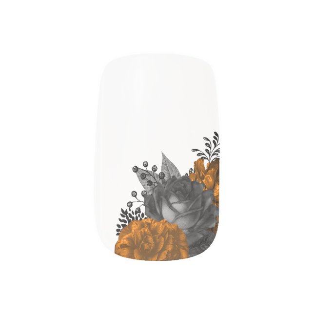 Autumn and Halloween Back and Orange Flower Minx Nail Art (Left Thumb)