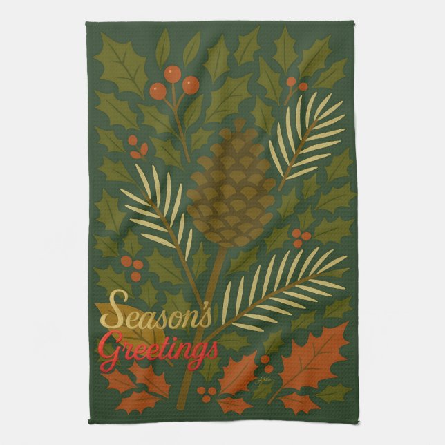Autumn and Winter Holidays Season's Greetings Kitchen Towel (Vertical)