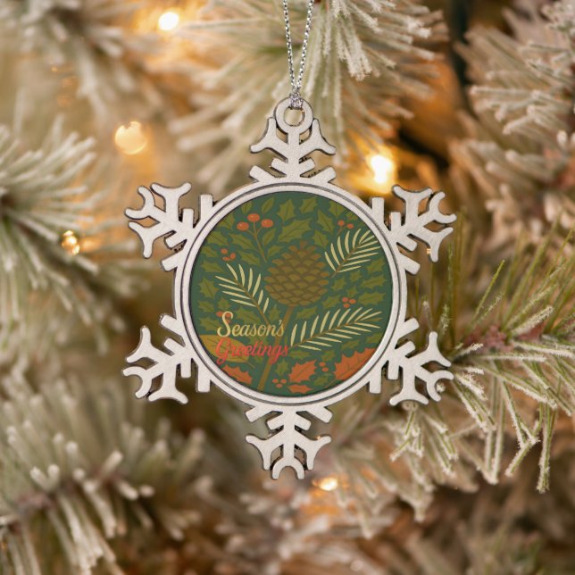 Autumn and Winter Holidays Season's Greetings Snowflake Pewter Christmas Ornament (Tree)