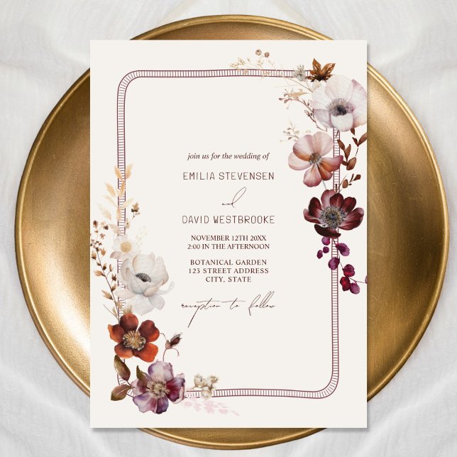 Autumn Anemone Hand Drawn Border Floral Wedding Invitation (Creator Uploaded)