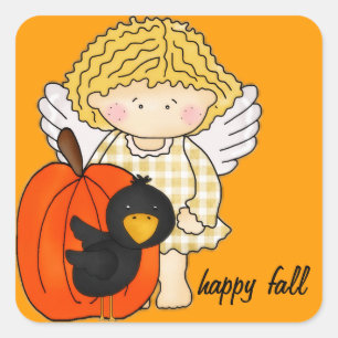 Autumn Angel with Pumpkin & Crow - Happy Fall Square Sticker