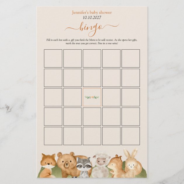 Autumn animals Baby Shower Harvest Bingo Game
