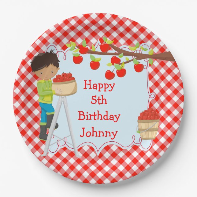 Autumn Apple Picking African American Birthday Paper Plates (Front)