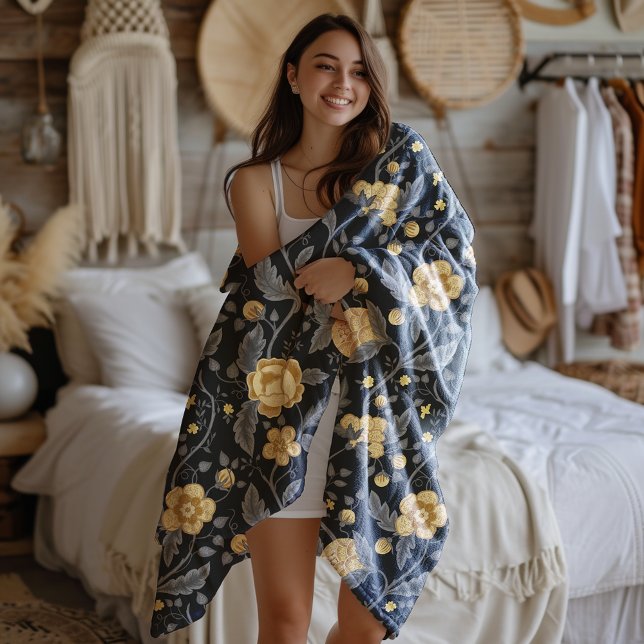Autumn Art Nouveau Yellow Floral Vine Fleece Blanket (Creator Uploaded)
