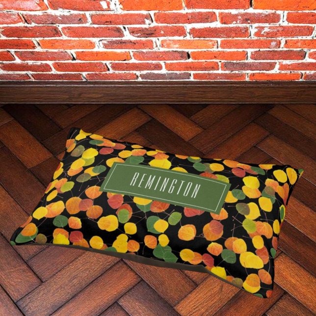 Autumn Aspen Leaf Pattern Green Personalized Pet Bed (personalized dog bed)