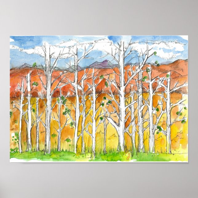 Autumn Aspen Tree Grove Watercolor Art Poster (Front)