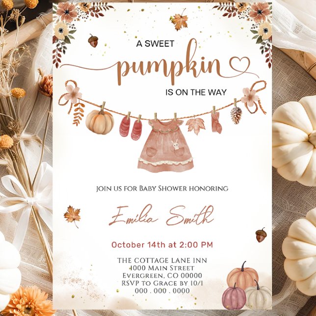 Autumn Baby Clothes Pumpkin Girl Baby Shower  Invitation (Creator Uploaded)