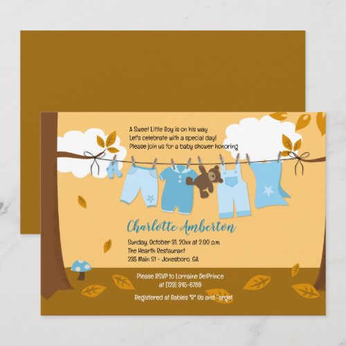 Autumn Baby Clothesline Blue BOY 5x7 Baby Shower Personalized Invitations