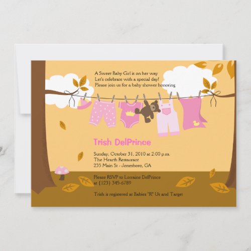 Autumn Baby Clothesline Pink Girl 5x7 Baby Shower Invitation